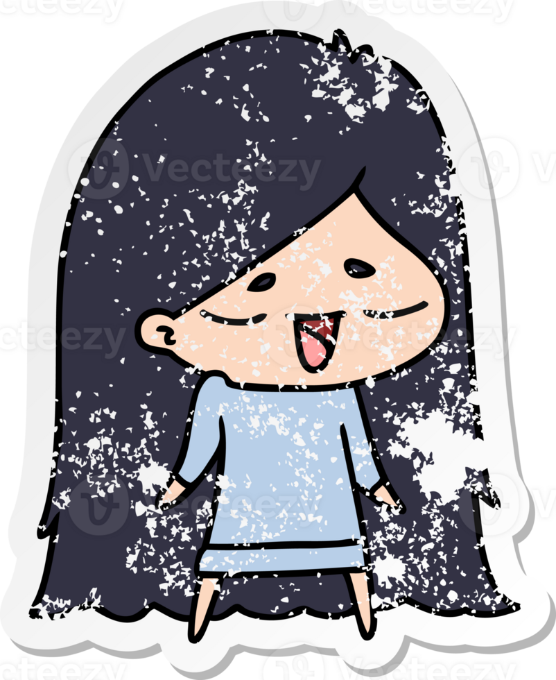 hand drawn distressed sticker cartoon of cute kawaii long haired girl png