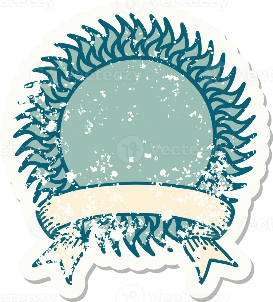 worn old sticker with banner of a sun png