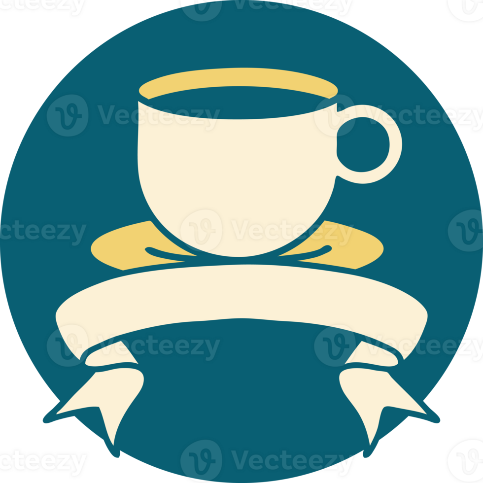 tattoo style icon with banner of a cup of coffee png