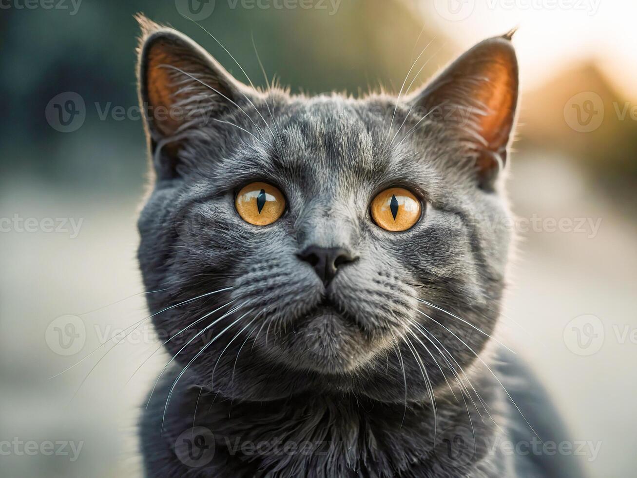 AI generated A tabby cat with a harness on a cobblestone path, looking to the side with greenery and warm lights in the background. russian blue cat breed photo