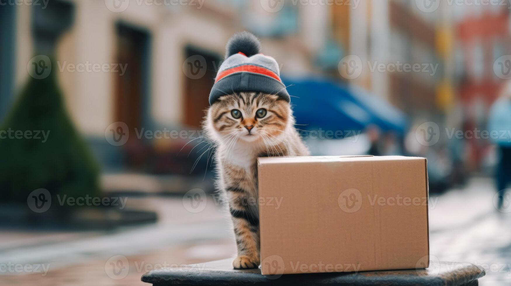 AI generated A cute cat in a hat stands behind a cardboard box, poised as if delivering it on a city street photo
