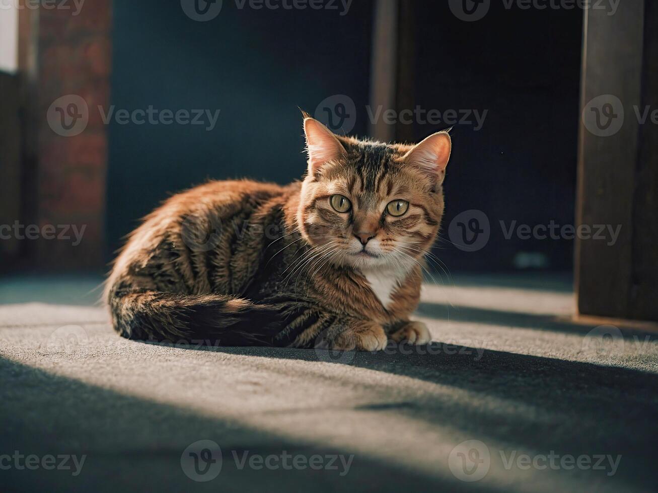 AI generated A serene tabby cat sits on a carpet, bathed in soft sunlight filtering through a room, its piercing gaze holding a mysterious allure photo