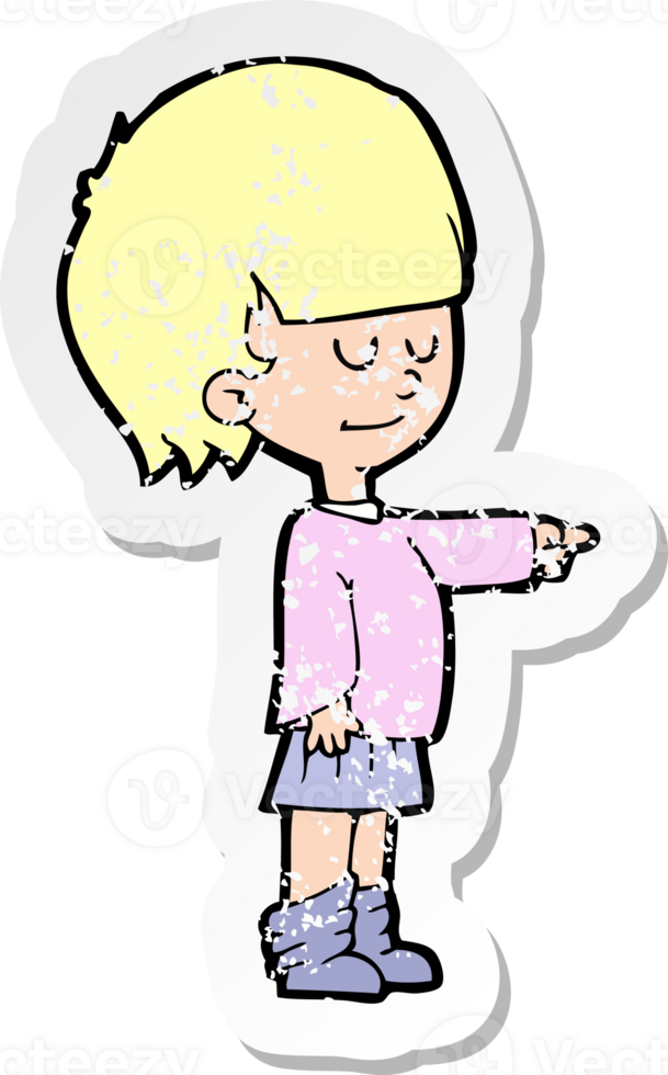 retro distressed sticker of a cartoon girl pointing png