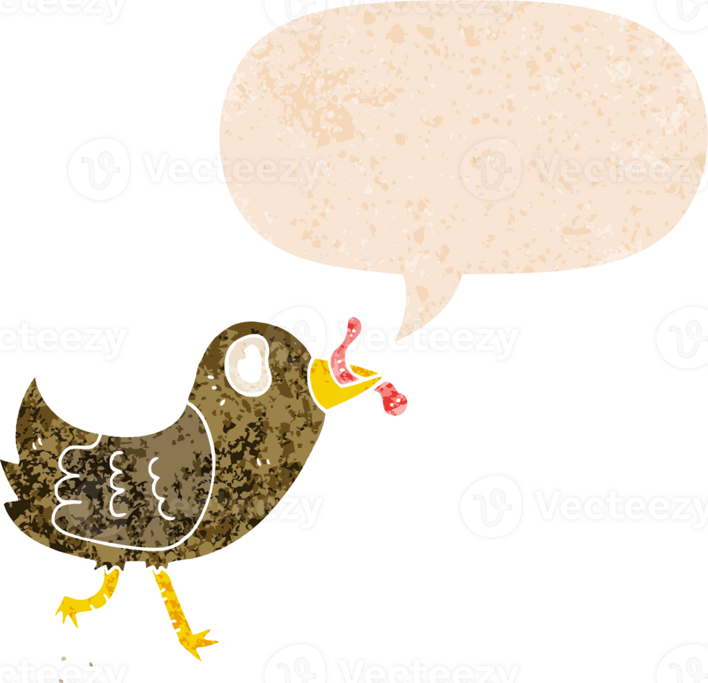 cartoon bird with worm and speech bubble in retro textured style png