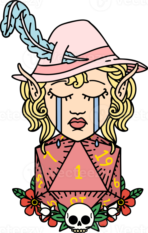 crying elf bard character with natural one D20 roll illustration png