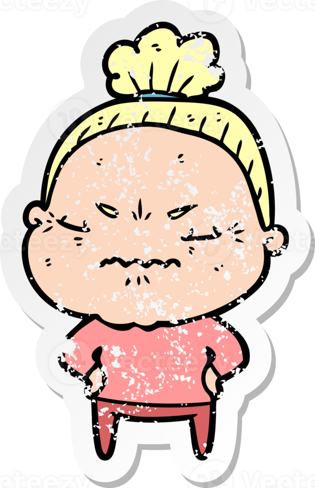 distressed sticker of a cartoon annoyed old lady png