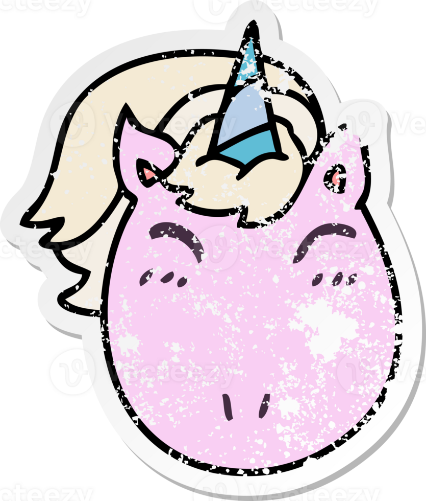 distressed sticker of a quirky hand drawn cartoon unicorn png
