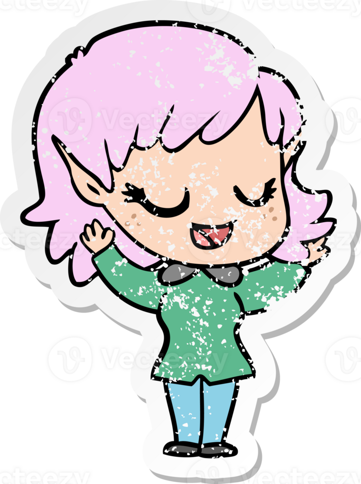distressed sticker of a happy cartoon elf girl png