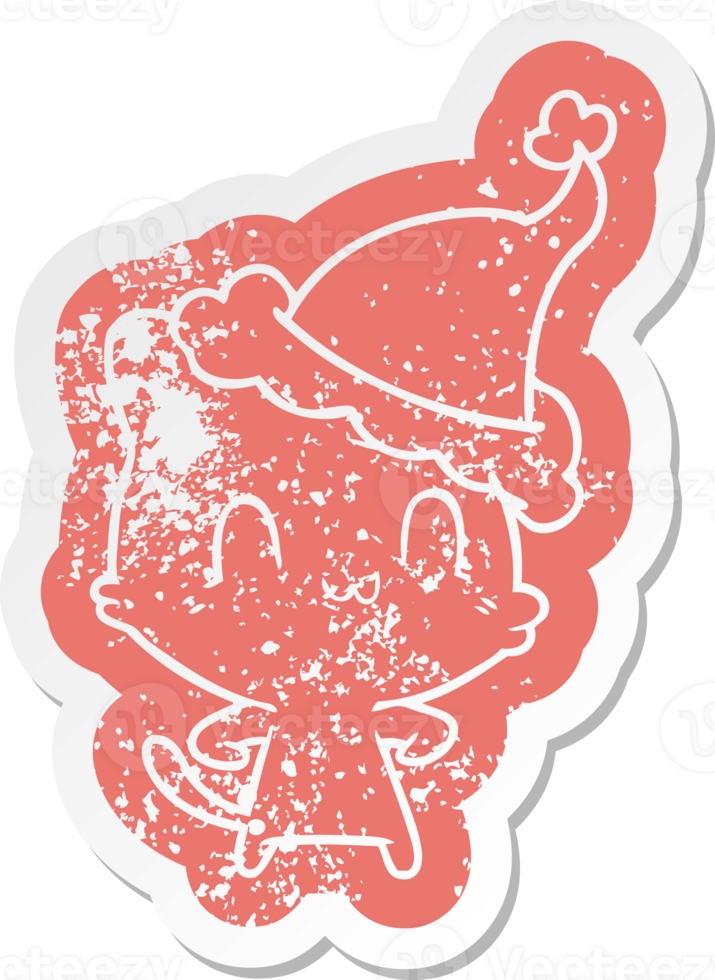 cartoon distressed sticker of a happy cat wearing santa hat png