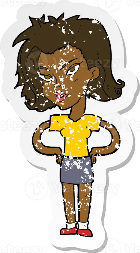 retro distressed sticker of a cartoon woman with hands on hips png