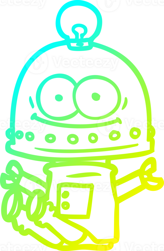 cold gradient line drawing happy carton robot with light bulb png