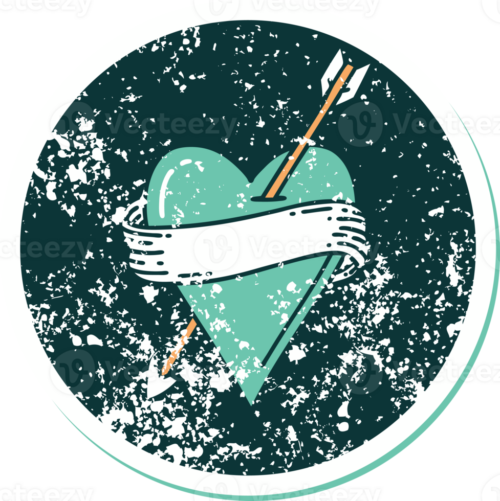 distressed sticker tattoo style icon of an arrow heart and banner png