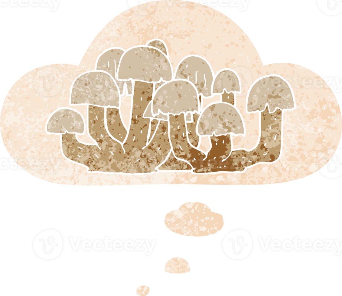 cartoon mushroom and thought bubble in retro textured style png