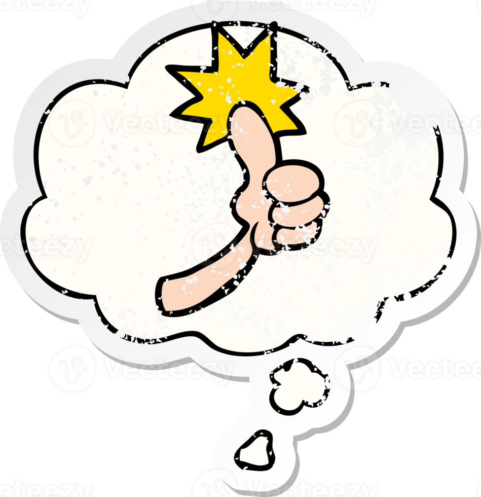 cartoon thumbs up sign and thought bubble as a distressed worn sticker png