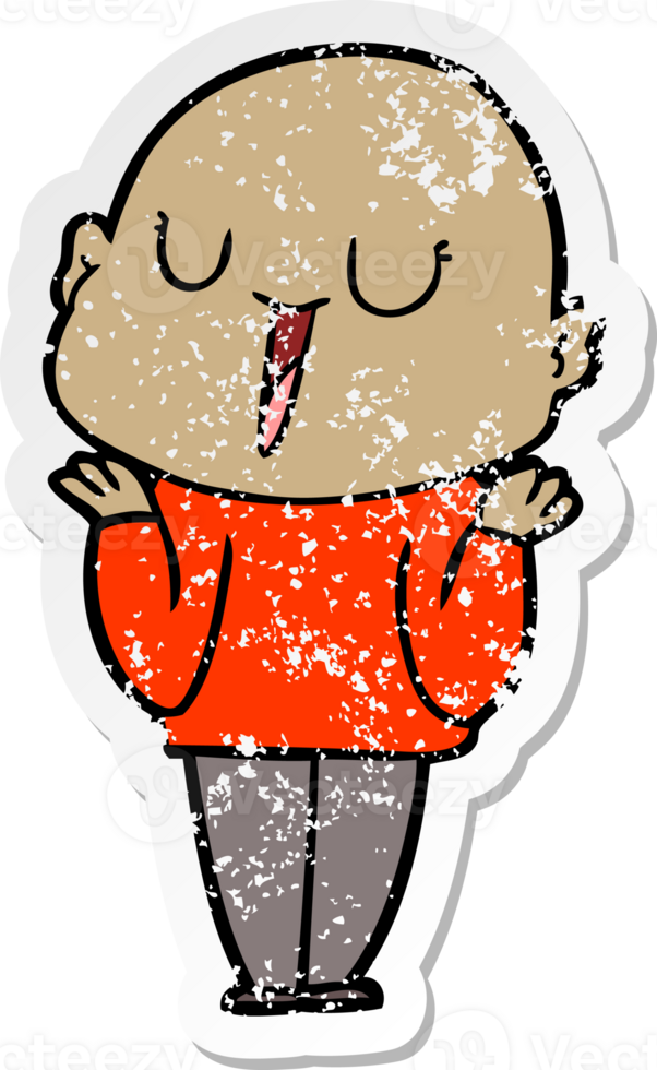 distressed sticker of a happy cartoon bald man shrugging shoulders png