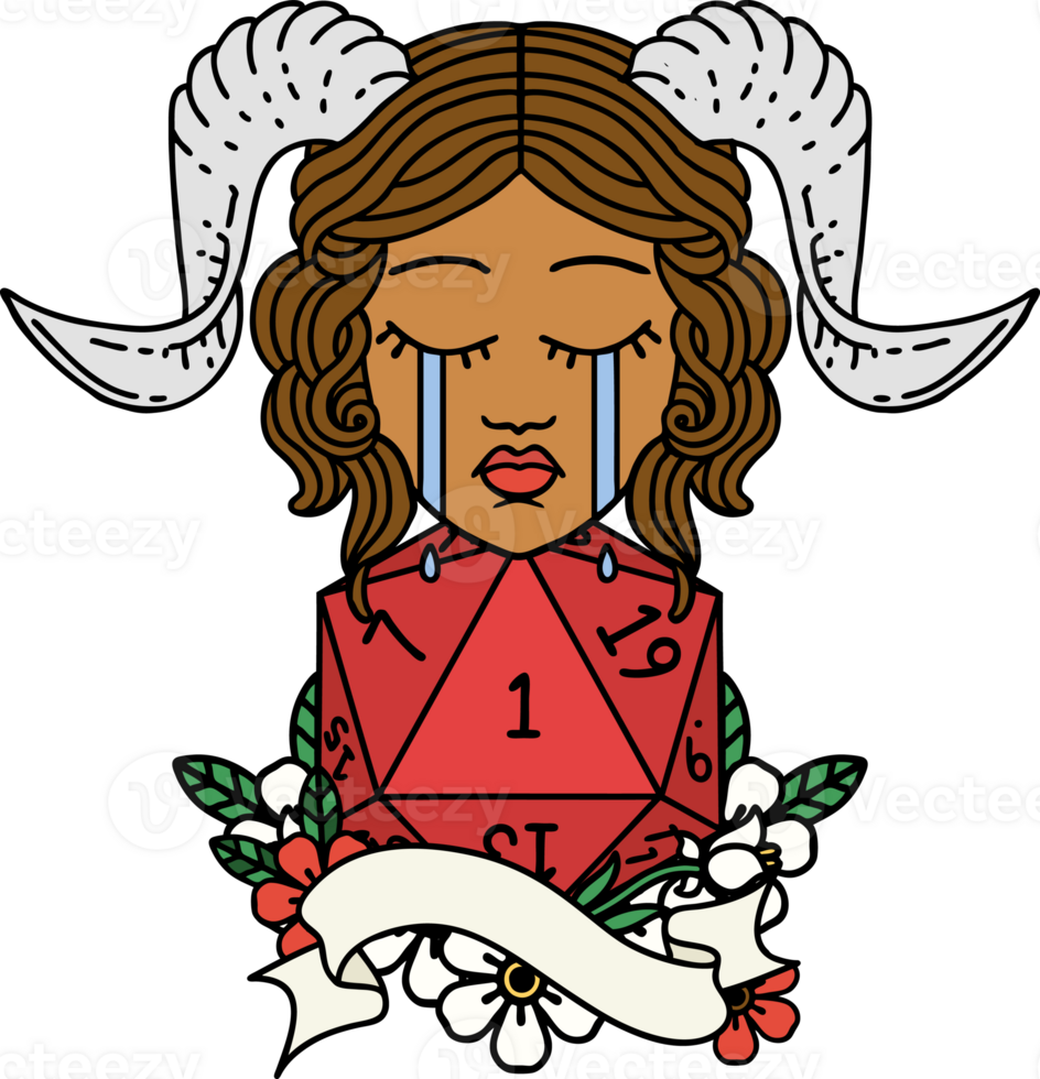 crying tiefling with natural one D20 roll illustration png