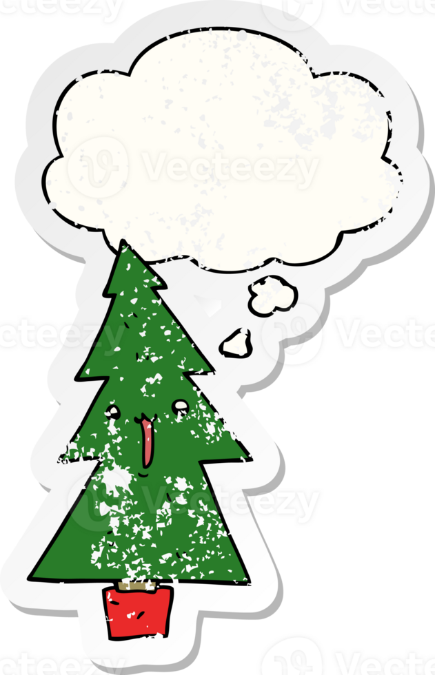 cartoon christmas tree and thought bubble as a distressed worn sticker png