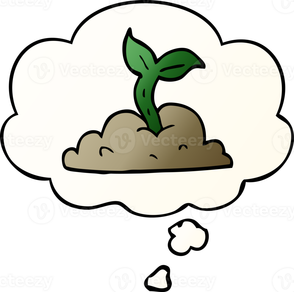 cartoon growing seedling and thought bubble in smooth gradient style png