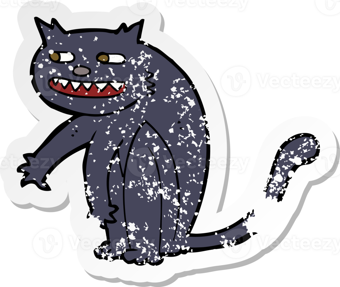 retro distressed sticker of a cartoon black cat png