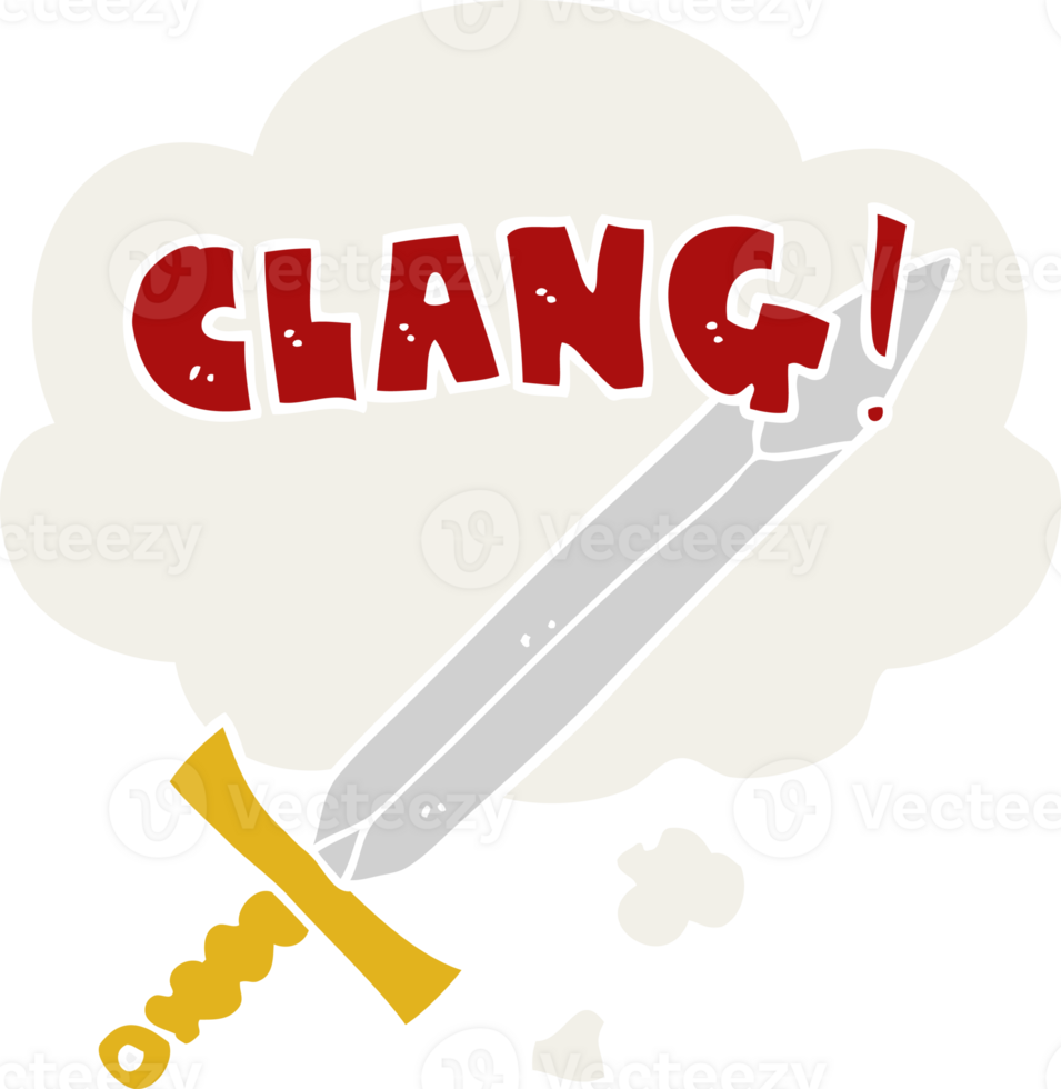 cartoon clanging sword and thought bubble in retro style png