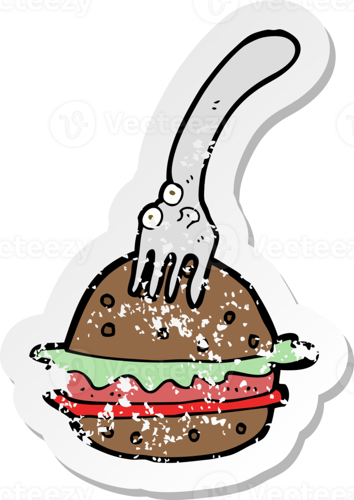retro distressed sticker of a cartoon fork and burger png