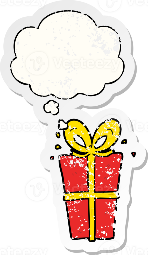 cartoon wrapped gift and thought bubble as a distressed worn sticker png