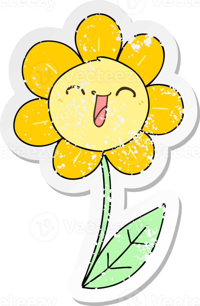 distressed sticker of a quirky hand drawn cartoon happy flower png