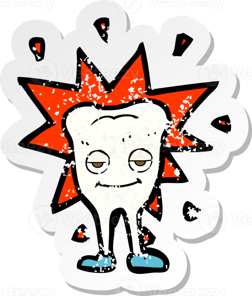 retro distressed sticker of a cartoon happy tooth png
