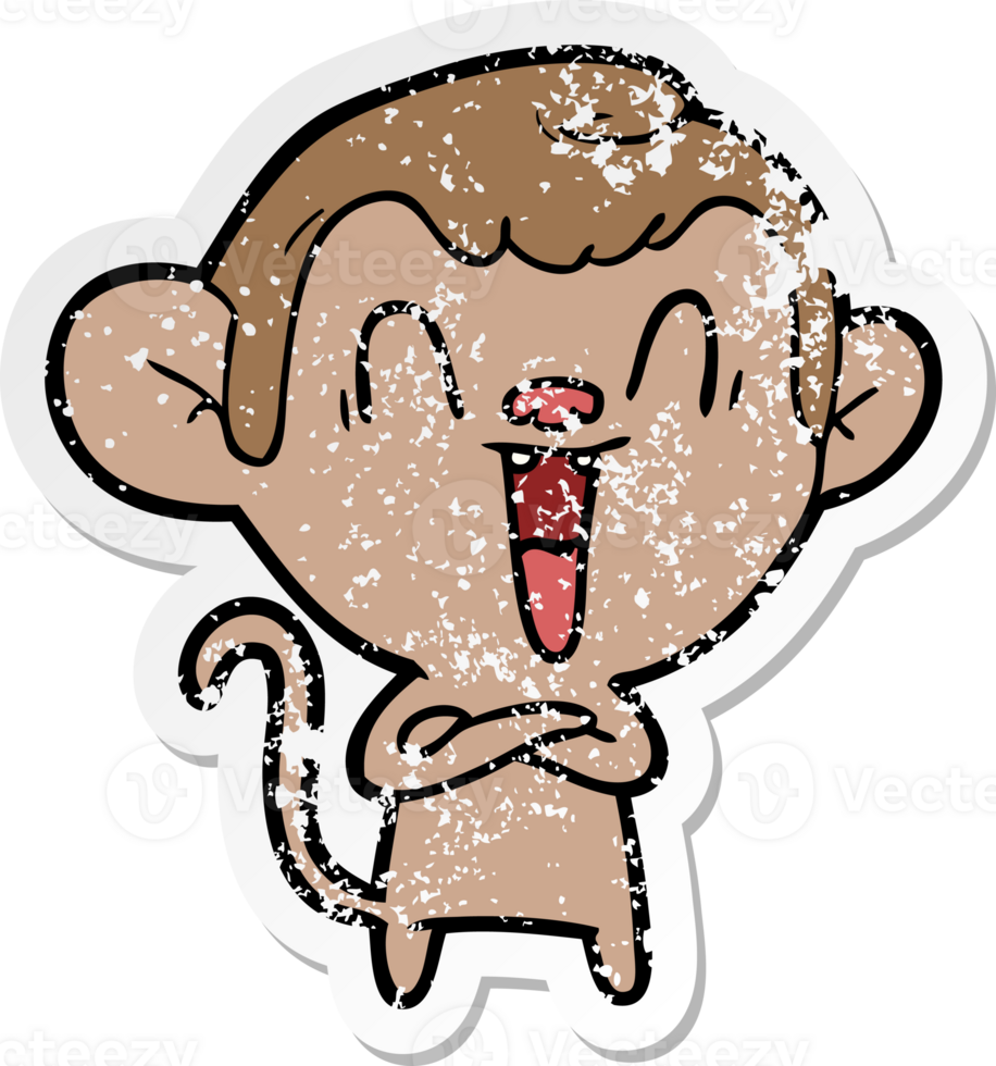 distressed sticker of a cartoon laughing monkey png