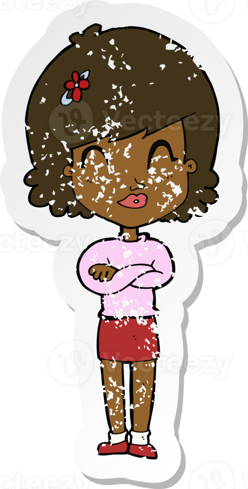 retro distressed sticker of a cartoon happy woman with folded arms png
