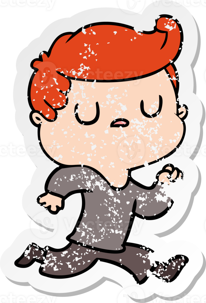 distressed sticker of a cartoon aloof man running png