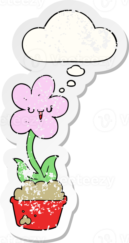 cute cartoon flower and thought bubble as a distressed worn sticker png