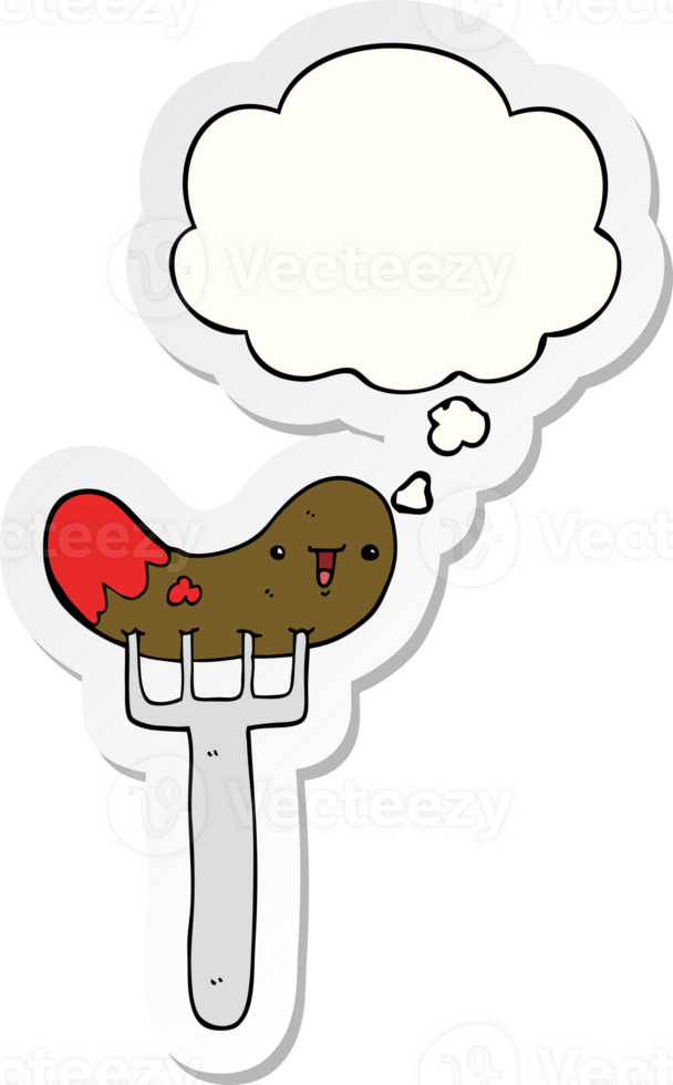 cartoon sausage and fork and thought bubble as a printed sticker png