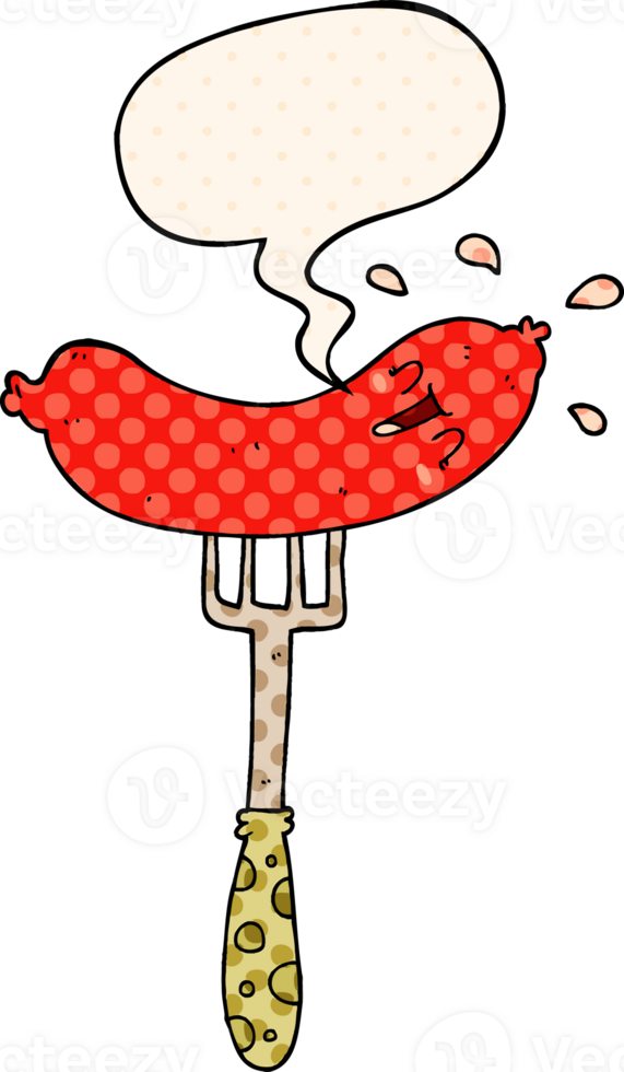 cartoon happy sausage on fork and speech bubble in comic book style png