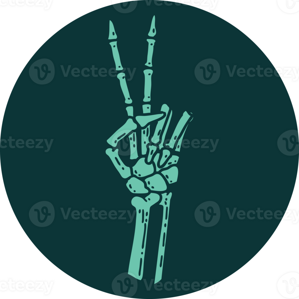 tattoo style icon of a skeleton hand giving a peace sign png