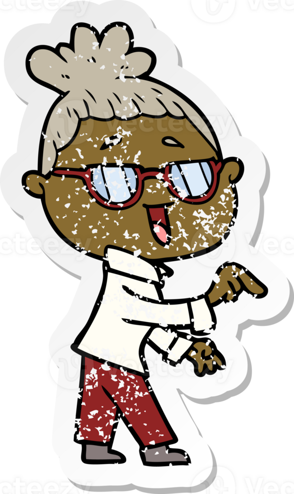 distressed sticker of a cartoon happy woman wearing spectacles png