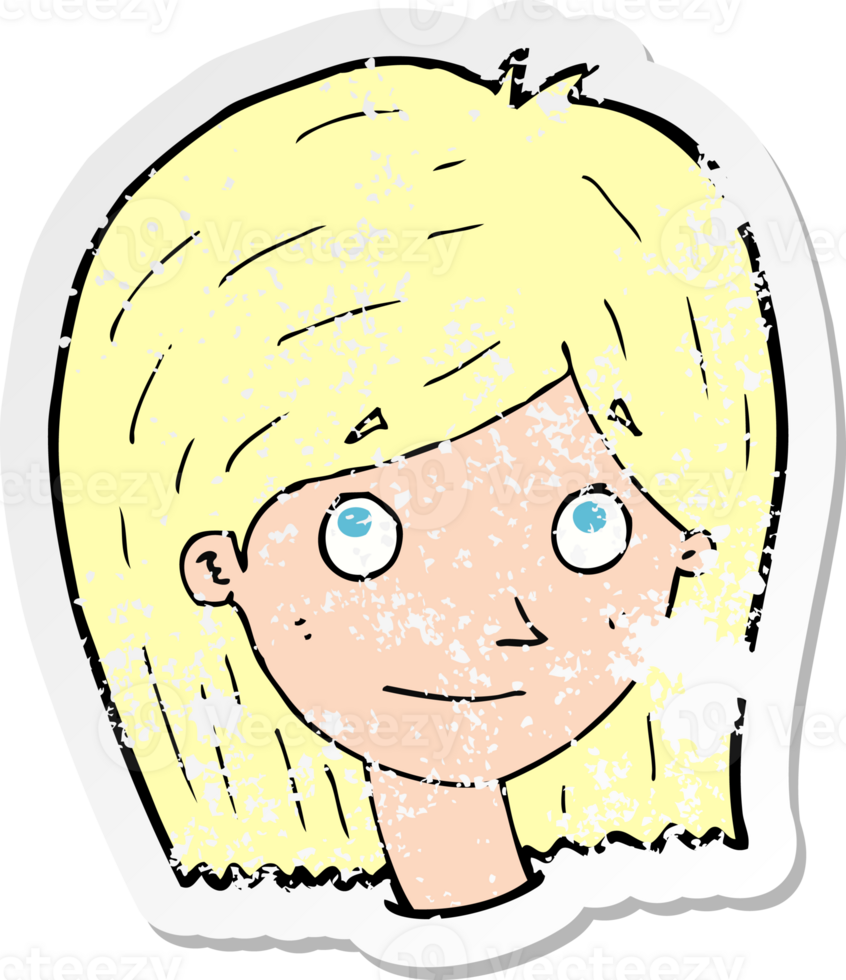 retro distressed sticker of a cartoon happy female face png