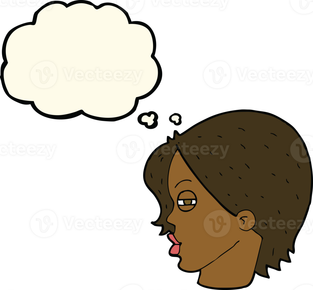 cartoon female face with narrowed eyes with thought bubble png