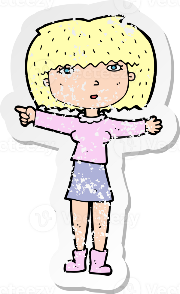 retro distressed sticker of a cartoon girl pointing png