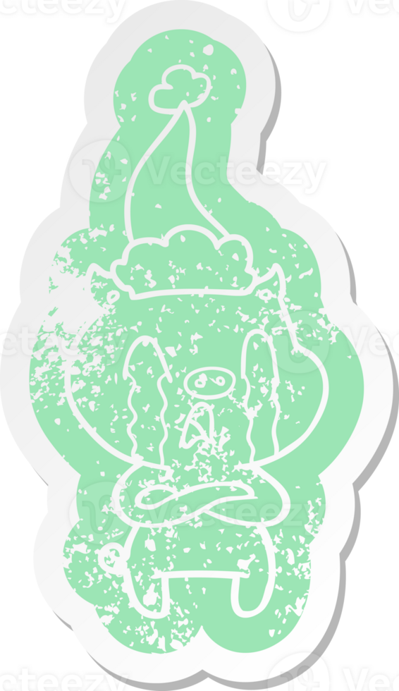 crying pig cartoon distressed sticker of a wearing santa hat png