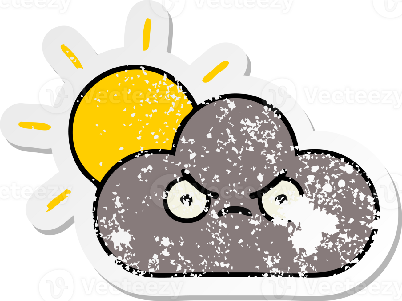 distressed sticker of a cute cartoon storm cloud and sun png