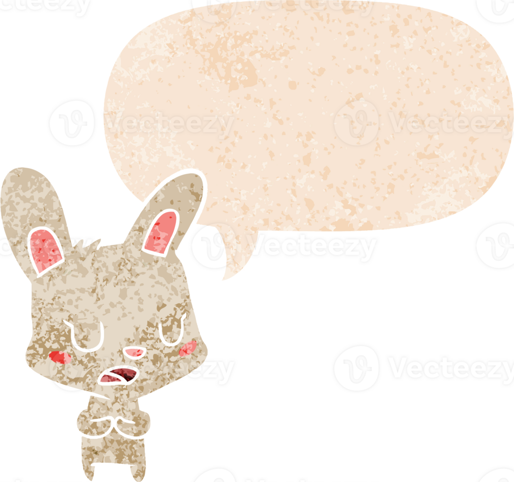 cartoon rabbit talking and speech bubble in retro textured style png