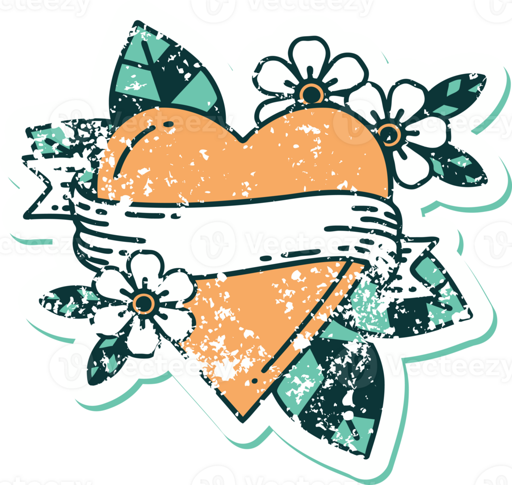 distressed sticker tattoo style icon of a heart and banner png