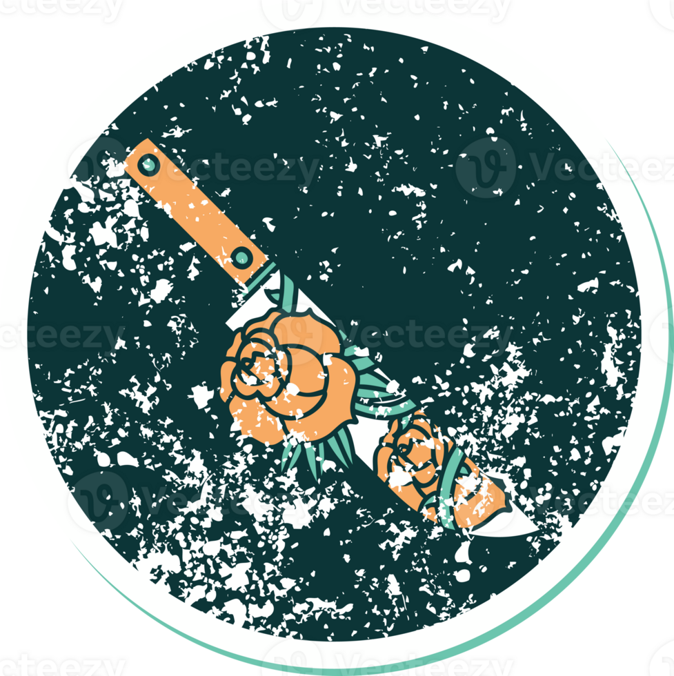 distressed sticker tattoo style icon of a dagger and flowers png