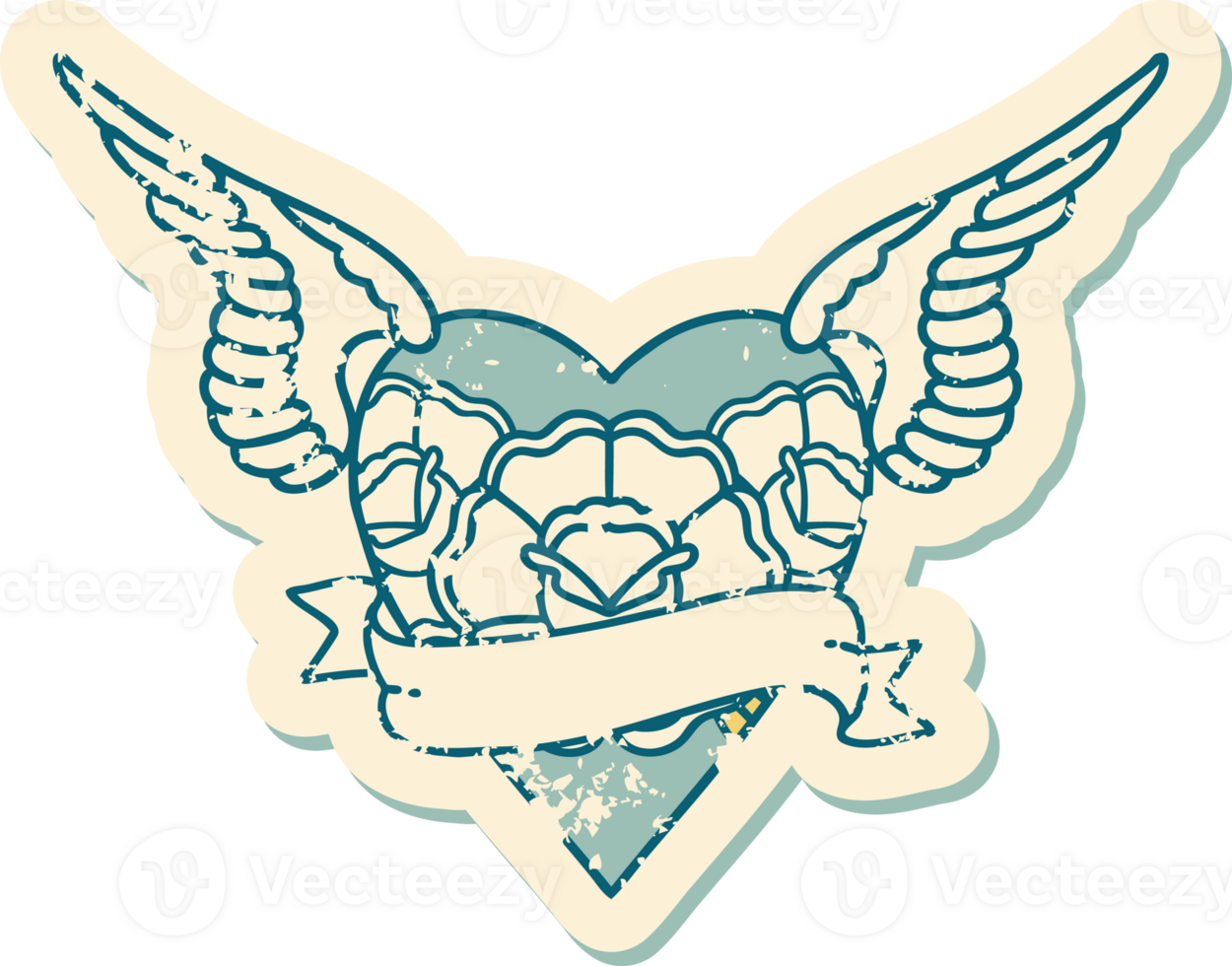 distressed sticker tattoo style icon of a heart with wings flowers and banner png