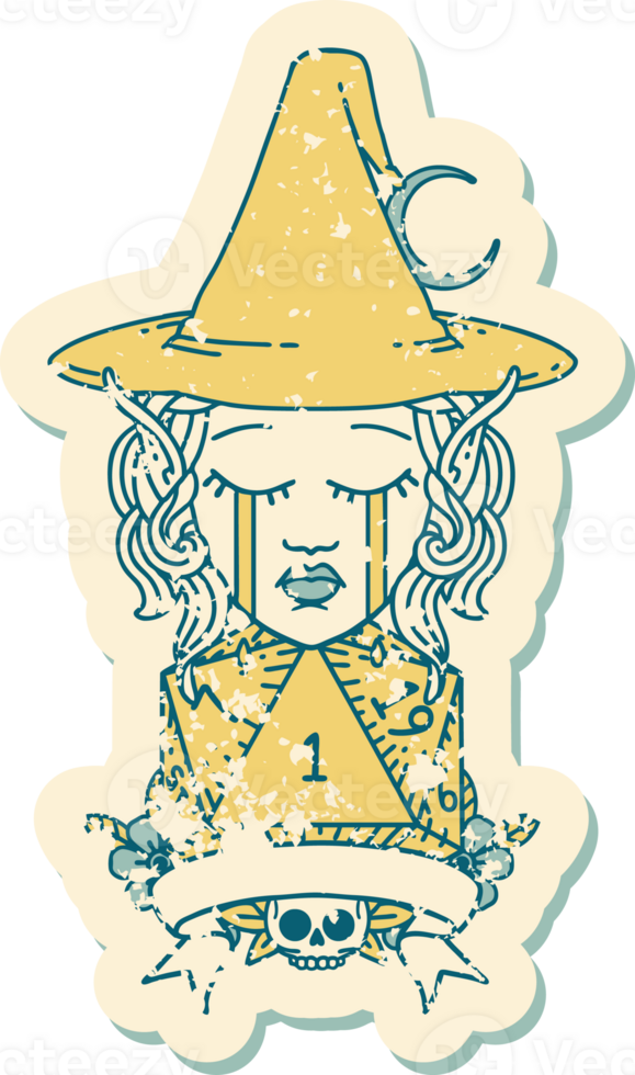 crying elf mage character with natural one dice roll illustration png