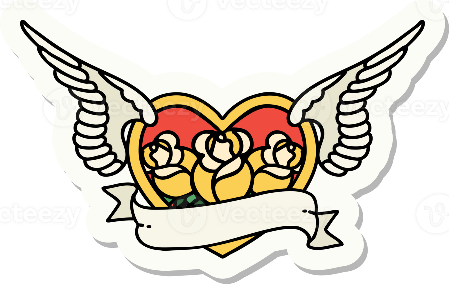 tattoo style sticker of a flying heart with flowers and banner png