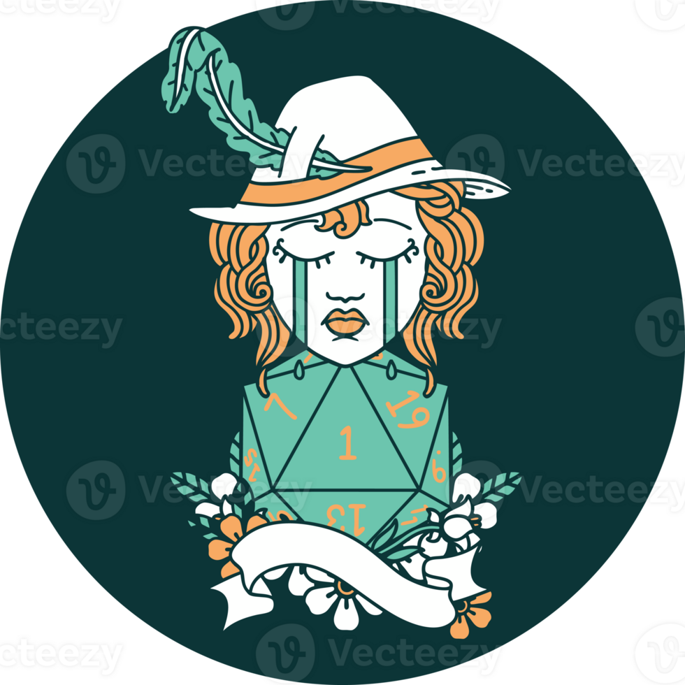 crying human bard with natural 1 D20 roll icon png