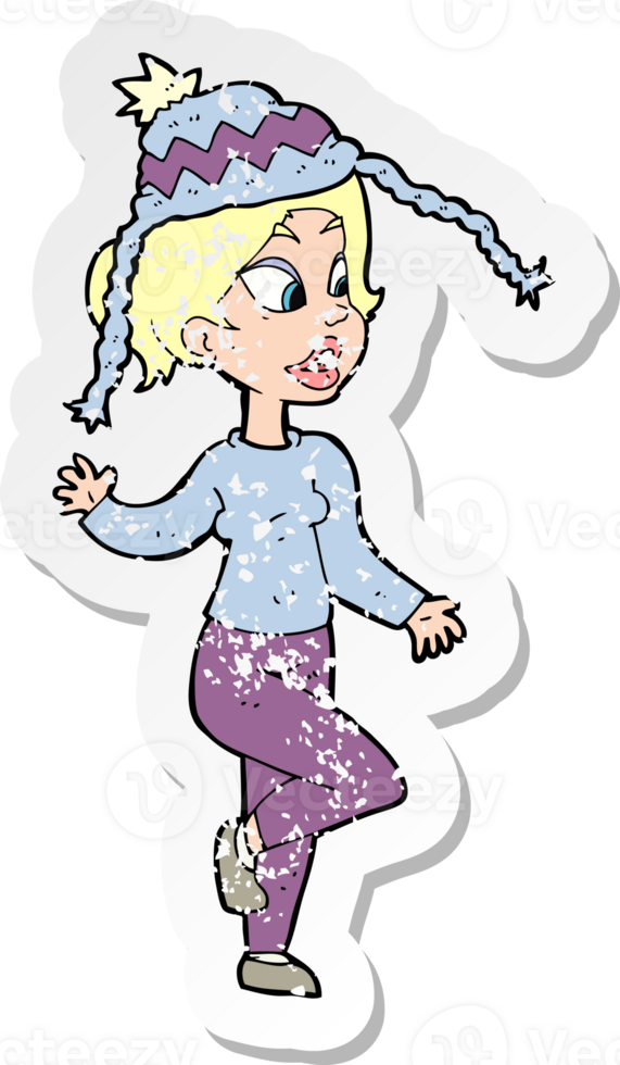 retro distressed sticker of a cartoon woman in knitted hat png
