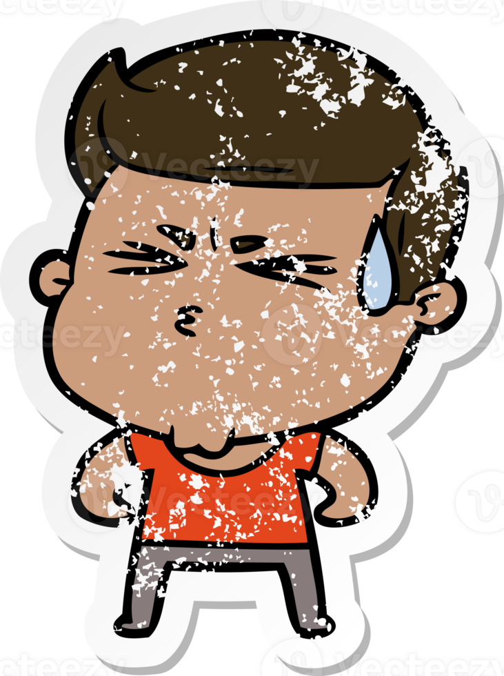 distressed sticker of a cartoon man sweating png
